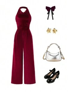 SHEIN Explorewe Teen Girl Valentine's Day Velvet Vintage Spaghetti Strap V-Neck Halterneck Spaghetti Strap Jumpsuit For Teenagers, Snug Fit, Flowy, Soft, Suitable For Casual Holiday, Elegant, Wedding, Wedding Guest - Red - View 3