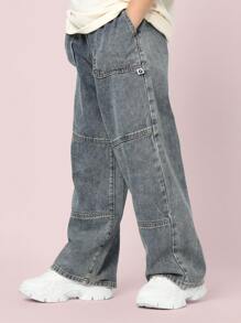 SUMWON 男女通用阔腿牛仔裤，撞色拼接，秋冬休闲街头风格，宽松木匠裤，高腰套脚溜冰时尚