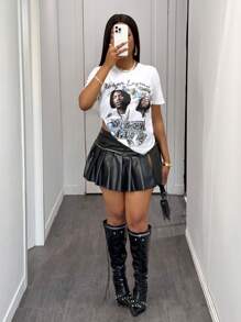Slaydiva Casual Street Minimalist All-Match Sexy Portrait Abstract Art Print Short Sleeve Loose Cropped Women T-Shirt - White - View 4