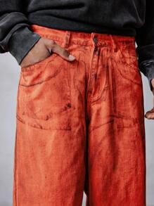 ROMWE MEN Grunge Punk Men's Loose Fit Wide Leg Pockets Casual Versatile Jeans - Burnt Orange - View 2