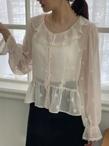 DAZY 女士透明网眼撞色蕾丝荷叶边领长袖衬衫，春夏精致蕾丝可爱上衣，秋季女装