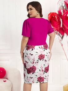 SHEIN Clasi 春季花卉印花针织弹力连衣裙，二合一大码女士休闲优雅浪漫连衣裙，适合日常穿着和情人节连衣裙优雅连衣裙浪漫连衣裙女士夏季连衣裙女士夏季连衣裙优雅女士连衣裙女士春季连衣裙 - 玫紅色 - 查看 2