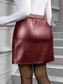 SHEIN Clasi Plus Size Elastic PU Leather Front Half Zip Closure Pockets Mini Skirt - Burgundy - View 2