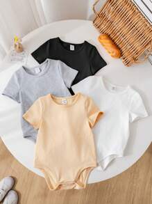 SHEIN 4pcs Baby Boy/Girl Knitted Soft Crew Neck Short Sleeve Bodysuit Sets