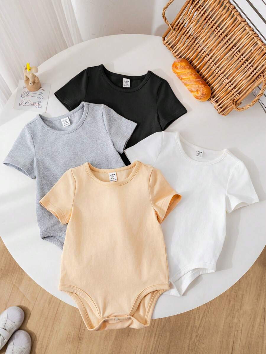 SHEIN 4pcs Baby Boy/Girl Knitted Soft Crew Neck Short Sleeve Bodysuit Sets