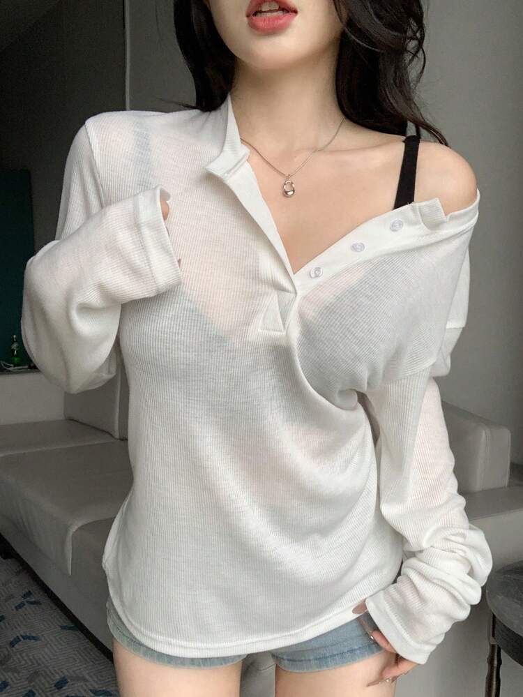 Loose Casual Women Long Sleeve Solid Color Button Placket T-Shirt, Spring & Summer,Fall Clothes