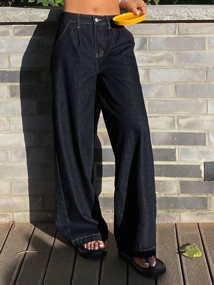 Women's Casual Pleated Pockets Straight Leg Jeans