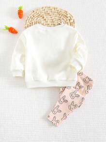 Cozy Pixies 女宝宝卡通兔子图案针织柔软圆领长袖落肩运动衫和长裤 2 件套