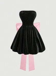 SHEIN MOD 女士天鹅绒粉色蝴蝶结装饰迷你黑色连衣裙，蝴蝶结可拆卸，黑色返校节连衣裙，黑色迷你连衣裙 - 粉色 - 查看 2