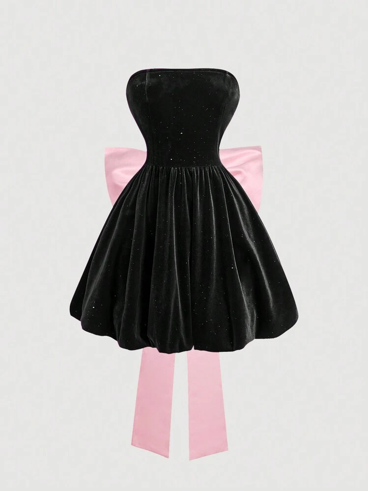 black dress pink bow Retro Stage Bow Off-Shoulder Belted Bodycon Dress Pink & Black