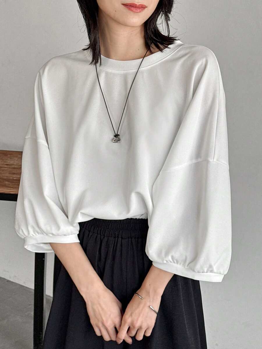 FRIFUL Women's Pleated Versatile Solid Color Batwing Sleeve Loose Blouse - Apricot - View 1