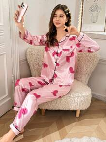 SHEIN 2 件/套少女心形图案柔软舒适提花针织 V 领开衫带纽扣和裤子粉色睡衣家居服套装，时尚休闲家居服 - 粉色 - 查看 3