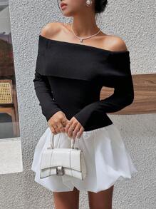 SHEIN Unity Vintage modischer vielseitiger Damen Schwarz & Weiß Kontrast Kragen Off-Shoulder figurbetontes Patchwork Puffärmel Strickkleid, Herbst/Winter - Schwarz und Weiss - Übersicht 4