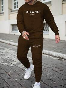 Manfinity Dauomo Men's Casual Letter Print Sweatshirt & Pants Set, Fall Clothes - Coffee Brown - View 1