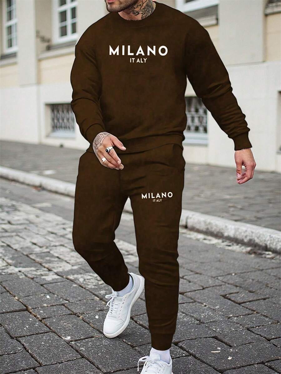Manfinity Dauomo Men's Casual Letter Print Sweatshirt & Pants Set, Fall Clothes - Coffee Brown - View 1
