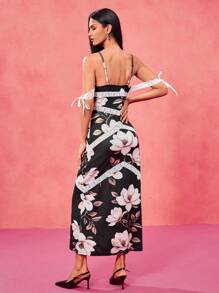 Oxana Vestido elegante y romántico con estampado floral negro, encaje blanco y tirantes, apto para Día de San Valentín, festivales, conciertos, bodas y bailes de graduación
