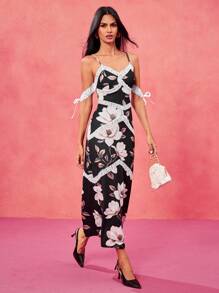 Oxana Vestido elegante y romántico con estampado floral negro, encaje blanco y tirantes, apto para Día de San Valentín, festivales, conciertos, bodas y bailes de graduación