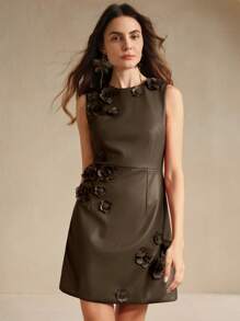 Anewsta 女士圆领无袖 3D 花卉图案修身短款优雅连衣裙