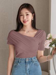 DAZY Áo thun nữ tay ngắn cổ tròn màu trơn đơn giản, mùa hè - Bụi hồng - Xem 3