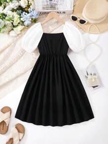 Tween Girl's Solid Color Cute Bow Decorated Casual Dress