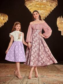 SHEIN 2pcs/Set Tween Girls Casual Stand Collar Asymmetric Ruffle Sleeveless Blouse & Jacquard Skirt Outfit - Mauve Purple - View 9