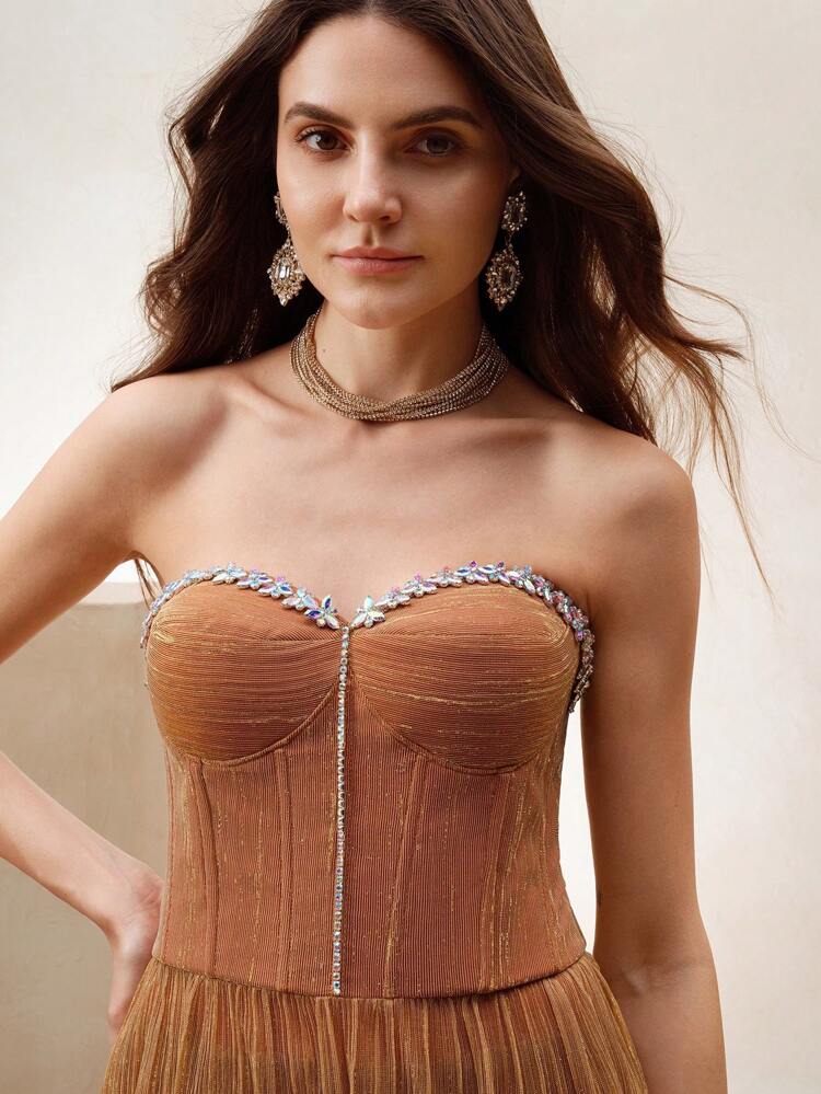 New Spring/Summer Women's Holiday High-End Formal Dress, Strapless Heavily Embellished Starry Rhinestone Gold Thread Maxi Mermaid Silhouette Cake Dress