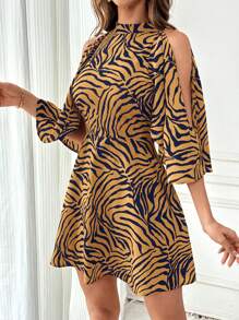 SHEIN Privé 女士斑马纹露肩灯笼袖时尚迷你连衣裙