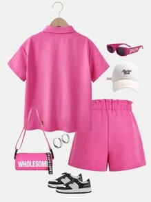 2 stuks roze casual cargo-zusset: losse blouse met korte mouwen + shorts met ruches in de taille, voor meisjes