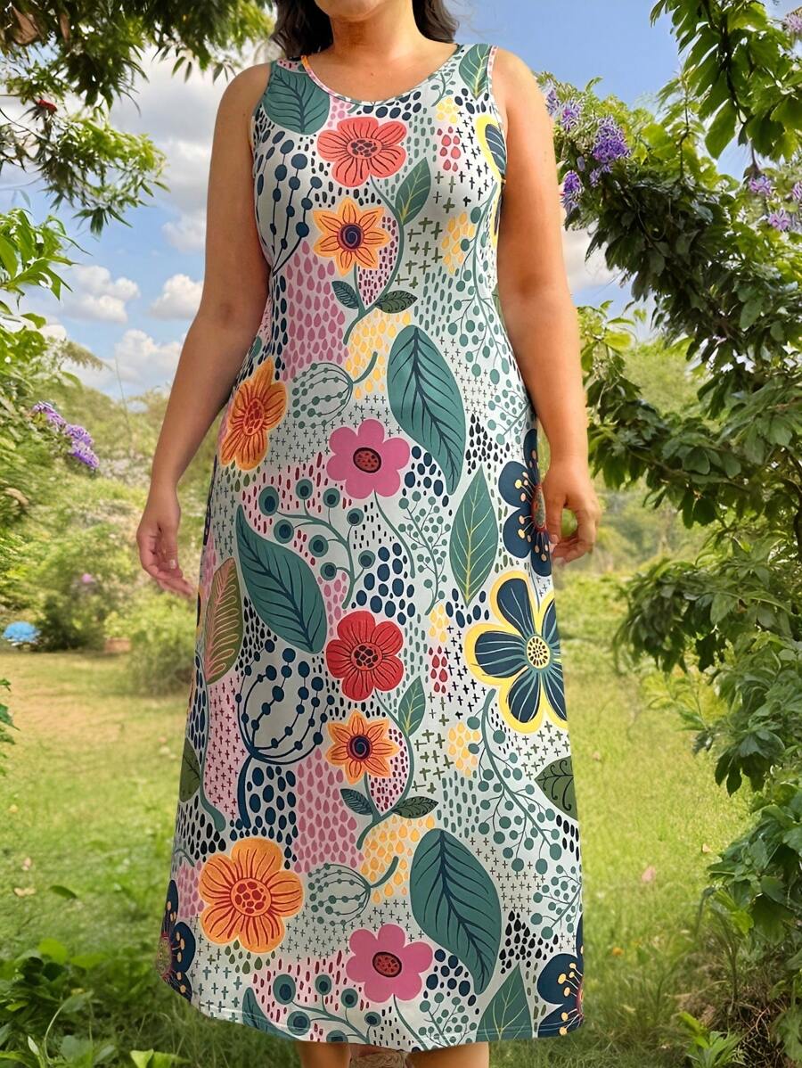 Breezaya Plus Size Boho Floral Printed Sleeveless Dress, For Summer - Multicolor - View 1