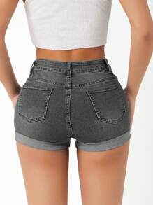 SHEIN PETITE Casual Denim Shorts, Minimalist & Fashionable For Daily Wear - Light Grey - View 2