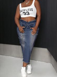 SHEIN SXY Váy denim dài buộc dây tua rua eo cỡ lớn cho nữ - Rửa trung bình - Xem 6