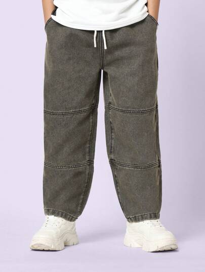 SUMWON 优质宽松牛仔裤，松紧腰带，拼接设计青少年男孩街头潮流裤，舒适休闲日常穿着，青春时尚