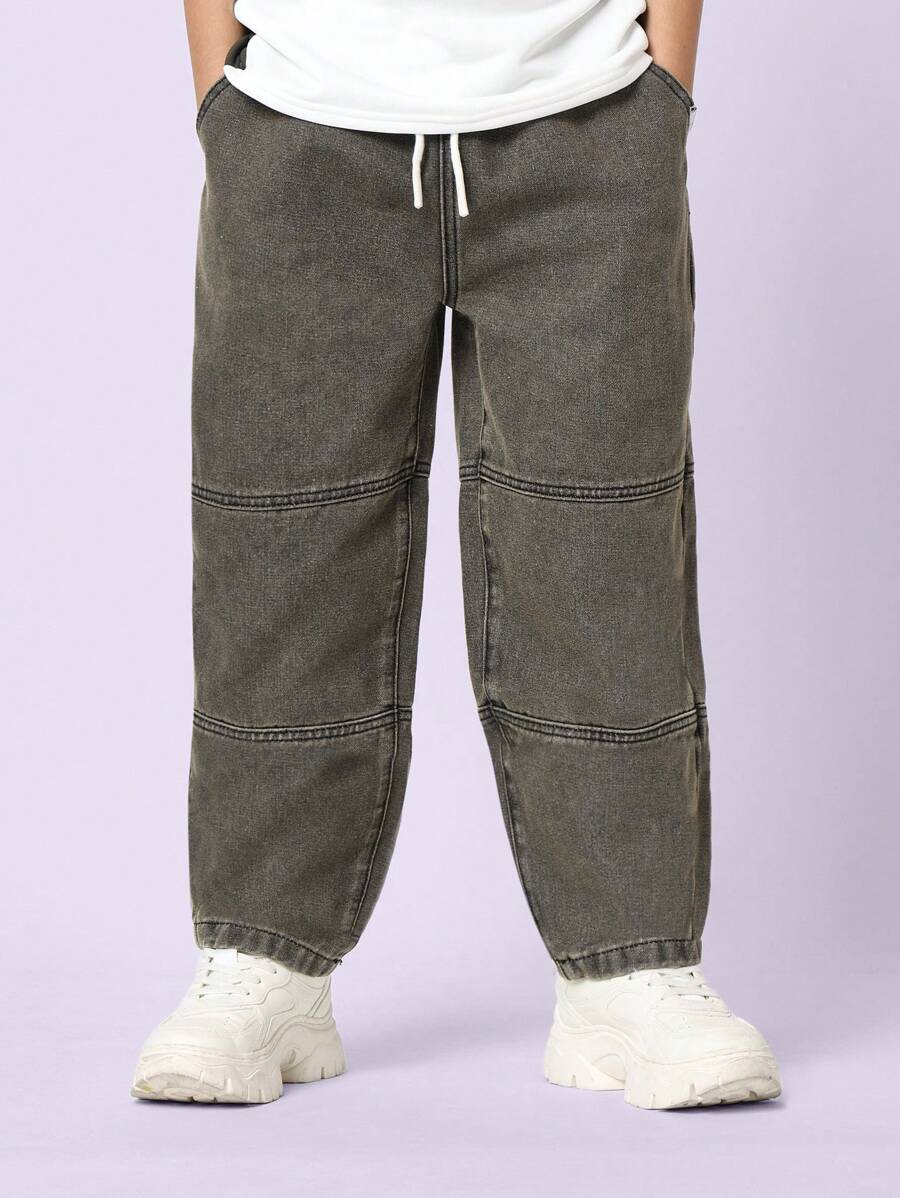 SUMWON 优质宽松牛仔裤，松紧腰带，拼接设计青少年男孩街头潮流裤，舒适休闲日常穿着，青春时尚 - 黑色 - 查看 1