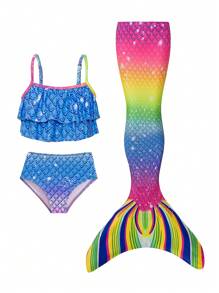 Young Girl Minimalist Spaghetti Strap Bikini Top And Bottom Swimwear Set - Multicolor - View 1