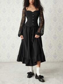 SHEIN MOD Blusa negra de mujer con mangas abullonadas de encaje y cierre a presión, blusas de manga larga, corsés para mujer, atuendos de fiesta para mujeres, camisetas divertidas, camisas de manga larga para mujeres