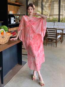 DAZY Women's Plant Allover Print Patchwork Pleated Midi Dress With Ditsy Floral Overlay Sundress Vacation Outfits Women - Pink - View 8