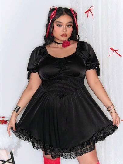 Kawaii Plus Size Lace Patchwork Bow Decor Dress For Valentine's Day