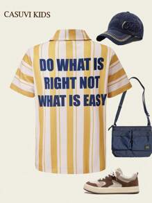 SHEIN Casuvi Kids 1pc Older Boys Letter Graphic Striped Polo Shirt, Retro Summer New Arrival - Multicolor - View 7