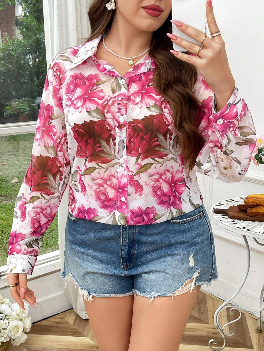 Flirla Plus Size French Elegant Semi-Transparent Floral Print Long Sleeve Chiffon Blouse, Spring/Summer - Multicolor - View 1