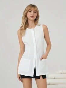 Easelle Áo thun không tay màu trơn có nút cài phía trước dành cho nữ, trang phục thường ngày - trắng - Xem 1