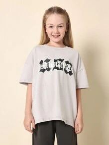 SUMWON Tricou statement supradimensionat, font gotic, urban, streetwear, nume de orașe, imprimeu pe spate, grafic, mânecă scurtă, casual, baggy, tricou, modă pentru adolescenți, stil Tumblr - Gri - Vizualizare 2