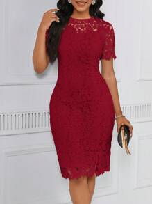 SHEIN Lady 女士纯色圆领短袖镂空休闲修身直筒连衣裙