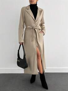 EURMUSE Women's Solid Color Front Button Long Sleeve Pocket Simple Casual Jacket For Everyday Wear - Beige - View 1