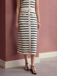 MOTF PREMIUM SAIA DE SUÉTER COM DECORAÇÃO DE BOTÕES LISTRADA