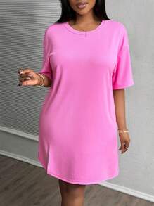 Slaydiva Plus Size Early Spring Vacation Casual Pink Side Slit Drop Shoulder Short Sleeve Dress - Hot Pink - View 6