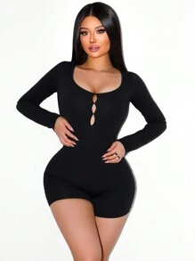 Zolique Seamless Solid Hollow-Out Back Fitted Long Sleeve Jumpsuit Fall Cloth For Women - Black - View 3