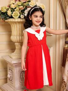 SHEIN Vestido informal suelto con cuello en V y parches de pliegues con decoración de lazo, que resalta la vitalidad juvenil, la inocencia adorable, el estilo personalizado y el entusiasmo dulce, perfecto para uso diario y fiestas, prenda esencial de primavera/verano y regalo de ropa para niñas jóvenes