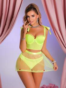 SHEIN 3pcs Sexy Satin Patchwork Underwire Lingerie Set - fluorescent green - View 6