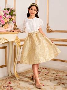SHEIN 2pcs Tween Girls Solid Color Round Neck Simple Top And Skirt Set - Green - View 3
