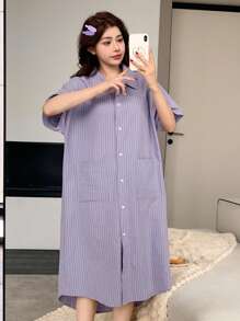 DAZY Women's Front Button Pocket Striped Loose Short Sleeve Robe,Back To School Clothes Pajama - Purple - View 6